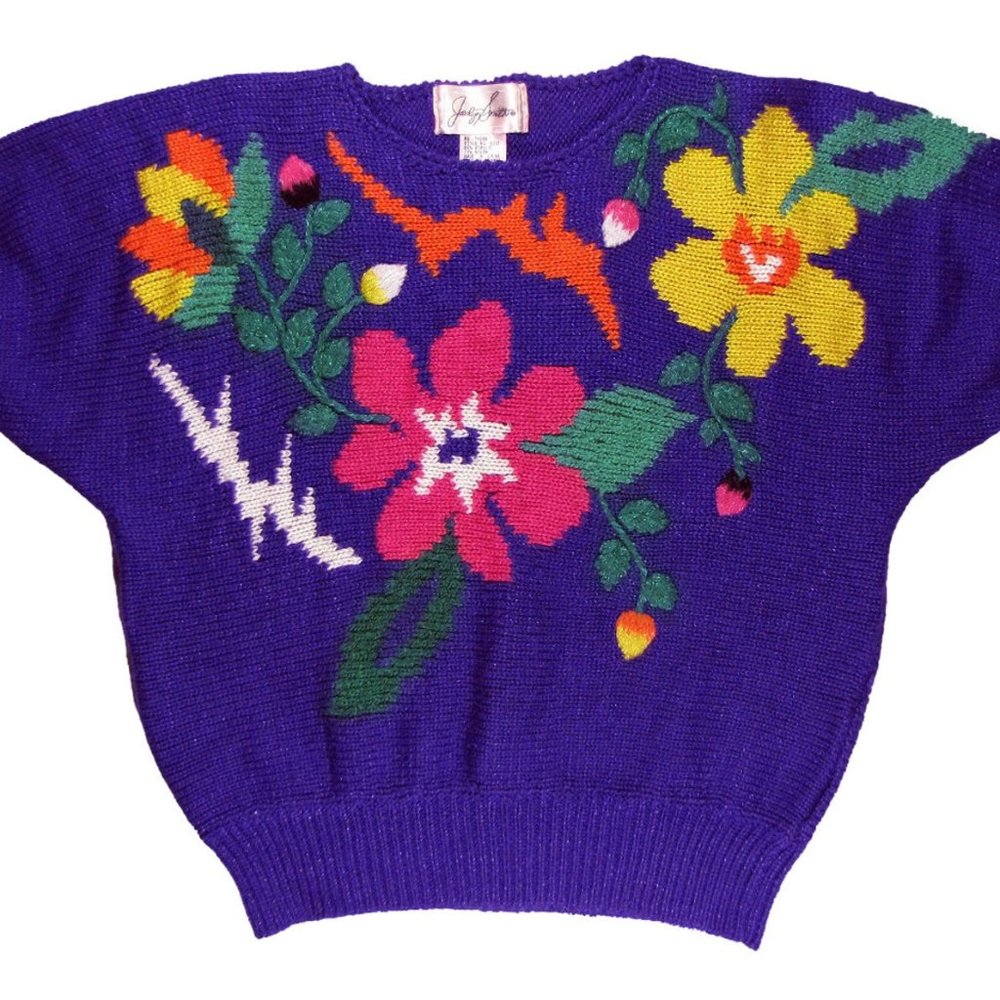 Vintage Purple Floral Short Sleeved Sweater